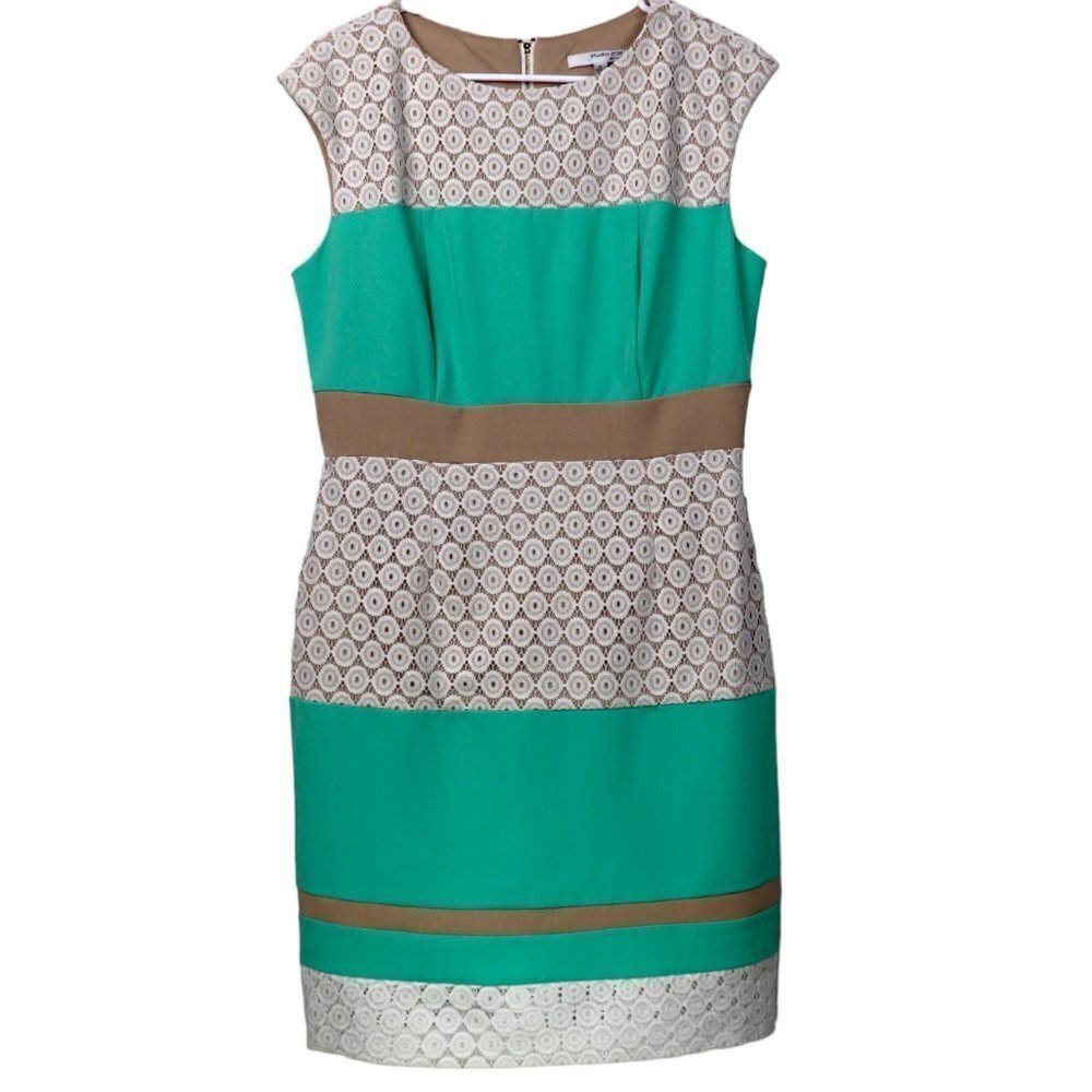 Studio One New York Teal White Lace Colorblock Sheath Dress Size 10